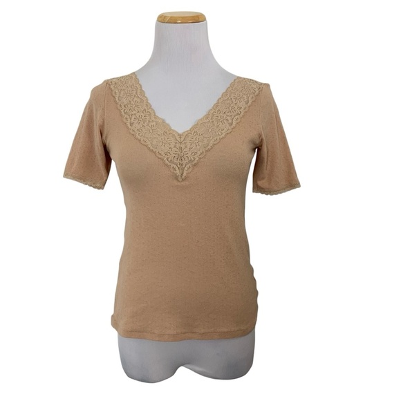 Vintage Y2K Pointelle Knit Lace Trim V Neck Baby Tee Womens M Tan Delicate - Picture 1 of 15